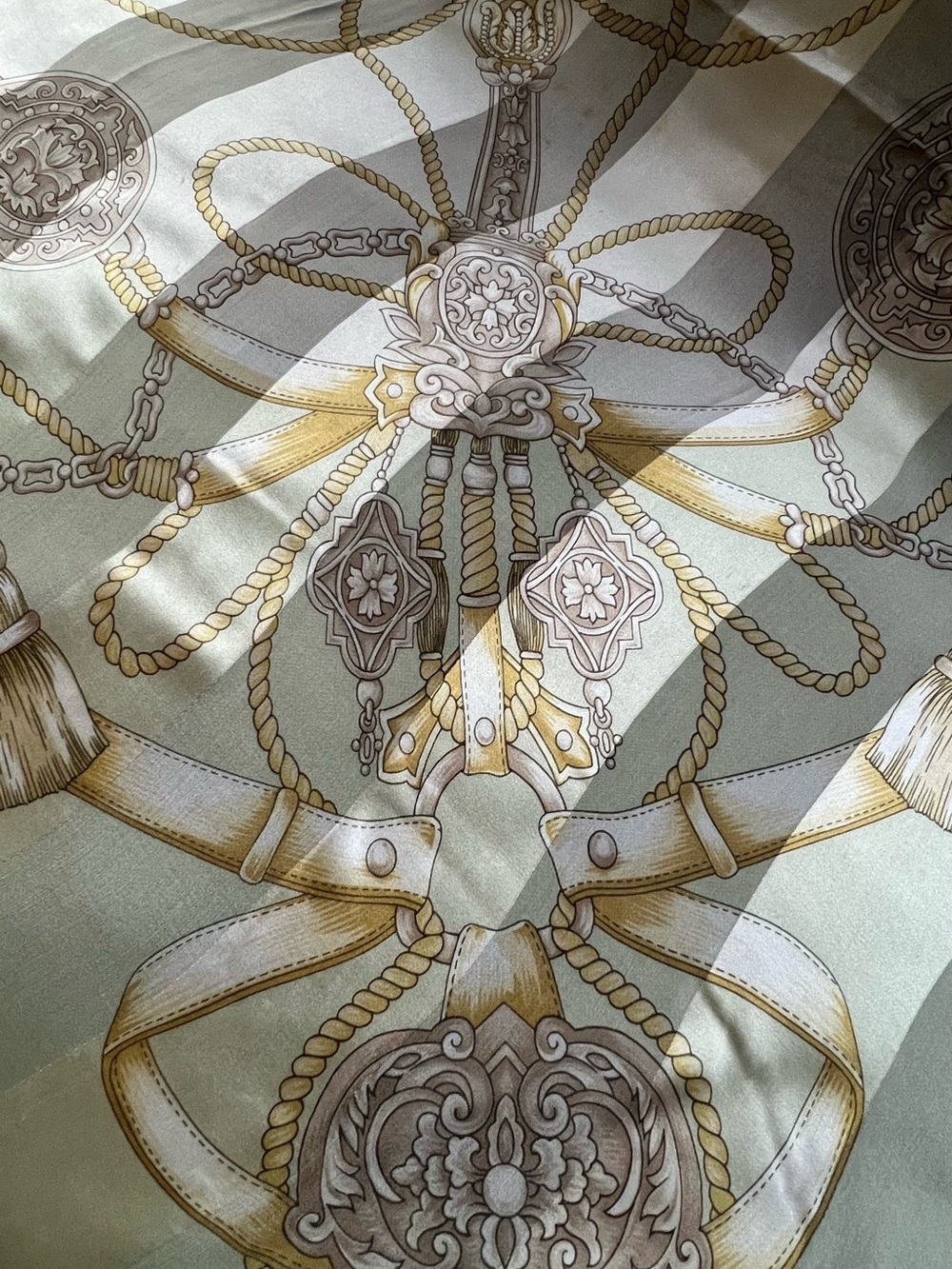 BALENCIAGA Paris Silk Square Scarf 34” Beige Gold Rope Tassel Crest Vintage - Picture 10 of 12